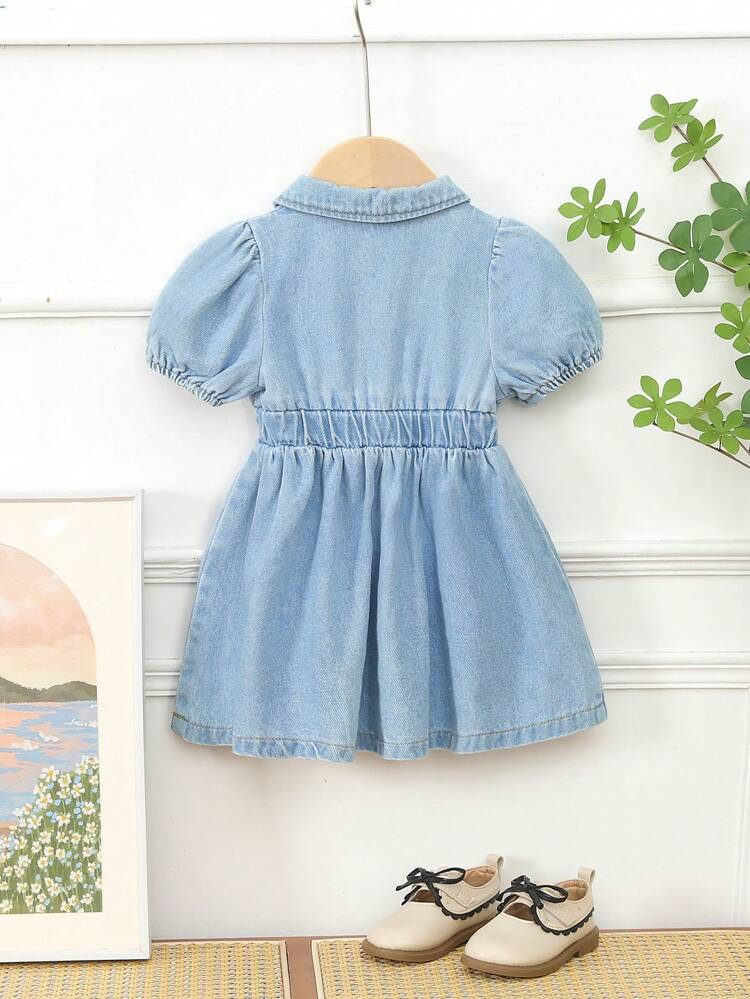 Baby Girl Colorful Floral Embroidery Comfortable Washed Soft Denim Dress With Cute Bubble Sleeves, Perfect For Summer Vacation