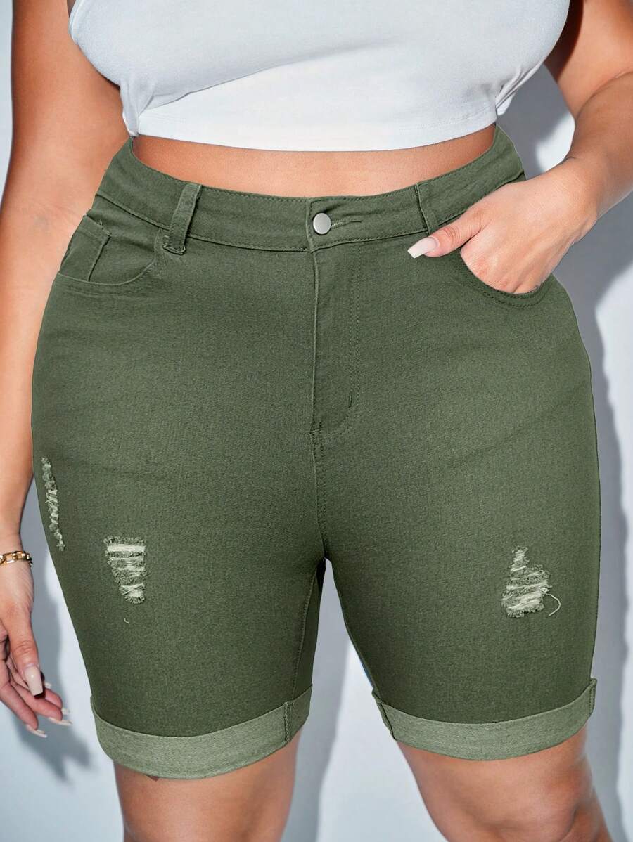 SHEIN Essnce 大尺碼女裝簡約牛仔短褲，日常休閒款式 - 軍綠色 - 查看 1