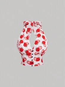 SHEIN MOD Pink Strawberry Printed Cute Country Style Halter Top For Summer Red Top Tops - Pink - View 1