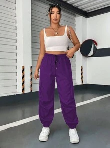 Flirla Pantalones de carga casuales de talla grande con cordón y bolsillos de unicolor - Morado - Ver 6