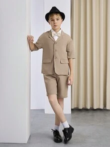 SHEIN 2pcs Tween Boys' Gentleman Suit Short Sleeve Lapel Jacket And Shorts/Pants, Elegant Dress For Birthday Party, Evening Party, Wedding, Christening, Anniversary, Back-To-School Season - Mocha Brown - View 4