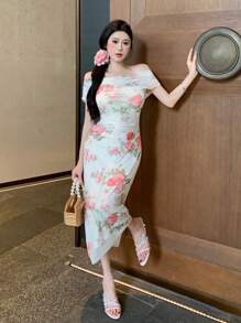 DAZY 女士修身优雅露肩碎花夏季连衣裙舞会礼服 - 白色 - 查看 3