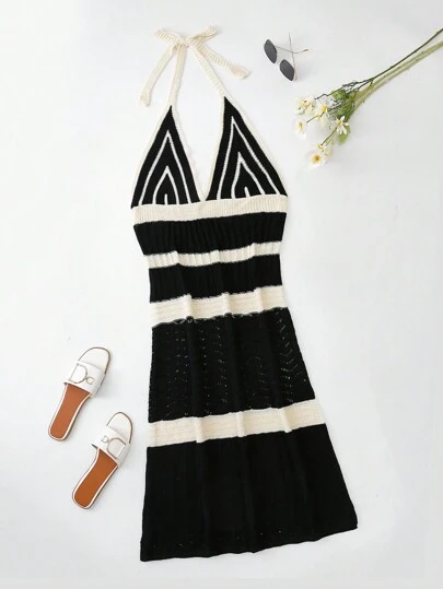 SHEIN LUNE Plus Size Halter Backless Split Holiday Sweater Dress