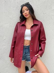 SHEIN EZwear Button Front Drop Shoulder  Red PU Leather Coat - Burgundy - View 3