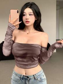 DAZY Áo trễ vai tay dài, dáng croptop lưới mỏng nhuộm tie-dye dành cho nữ, áo đi chơi lễ hội mùa hè, áo trễ vai, quần áo trở lại trường - màu nâu - Xem 4