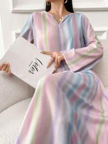 Yasmyna Women's Striped Notch V-Neck Long Sleeve Arabian Dress, Modest - Multicolor - View 2