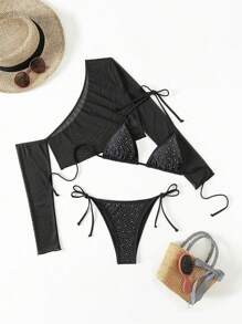 Swim EVENT Rhinestone Decor Halter Triangle Cup Bikini Swimwear Set,Summer Beach - Black - View 3