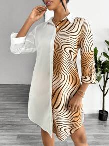 SHEIN Essnce Robe-chemise pour femmes d'été décontractée à boutons imprimée en blocs de couleurs avec manches retroussées