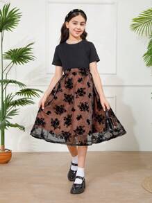 Robe d'été élégante en maille floquée avec contraste bouffant pour jeune fille - Noir - Voir 3