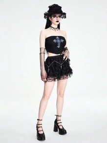 ROMWE Goth 成熟、豪華、宮廷風格、無肩帶性感交叉點綴女士上衣，適合度假 - 黑色 - 查看 1