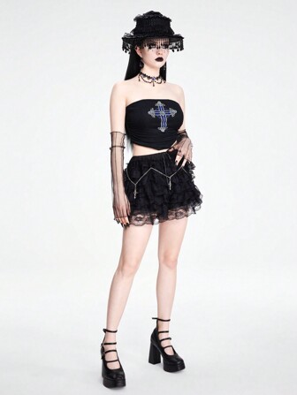 Goth Reife und luxuriöse trägerlose sexy Damen Top mit Palace Style, mit Kreuzverzierung, perfekt für den Urlaub