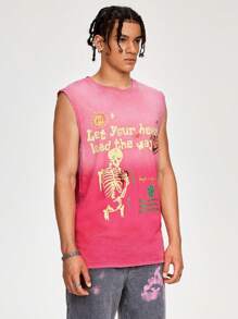 ROMWE MEN Street Life Men's Summer Round Neck Sleeveless Casual Tank Top With Slogan & Skull Print, Washed Style - Pink - View 7