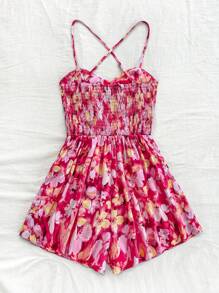 SHEIN 少女情人节红色和橙色热带水彩扎染花卉印花镂空前短款连体裤，休闲，海滩度假