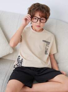 SHEIN Tween Boy Summer Simple Casual Letter Printed Short Sleeve T-Shirt And Shorts Flame Retardant Casual Comfortable Home Sleepwear 2pcs/Set - Multicolor - View 1