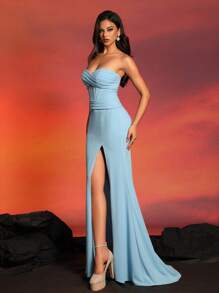 Blaues trägerlos plissiertes Abendkleid mit hoher Taille und Schlitz, elegantes Brautjungfernkleid - Blau - Übersicht 5