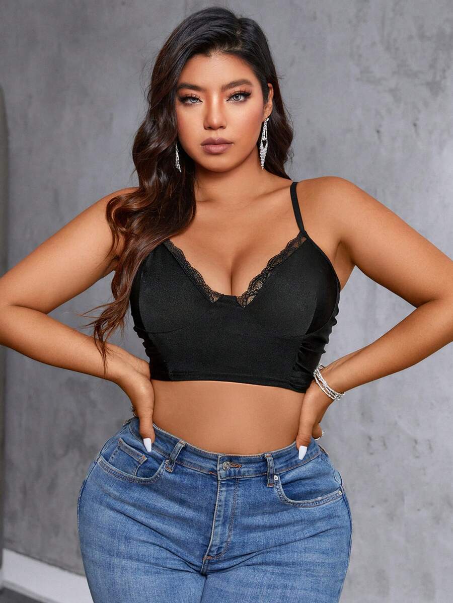 Allurite Plus Size Women's Summer Solid Color Splice Lace Cropped Slim Fit Camisole - Black - View 1