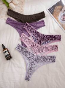 5 件装女士纯色豹纹性感丁字裤内裤 - 彩色 - 查看 2