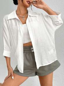 SHEIN PETITE Spring White Solid Batwing Sleeve White Shirt,Three Quarter Sleeve Tops
