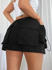 SHEIN SXY 夏季女士職業裝三維口袋開衩束腰低腰女裙 - 黑色 - 查看 1