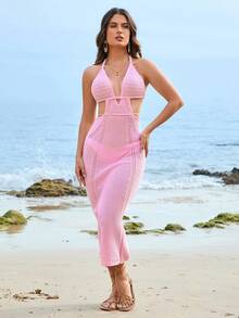 PARTHEA Cut Out Tie Backless Halter Neck Jumper Dress - Baby Pink - View 4