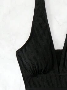 SHEIN Swim Women Mesh Splice V-Neck Summer Beach Fashionable Vacation Tankini Swimwear Set - Black - View 3
