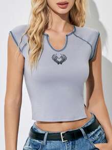 SHEIN Unity 女士夏季愛心與翅膀紋路凹口V領套袖休閒T恤 - 淺灰色 - 查看 6