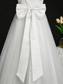 SHEIN Tween Cô Gái Mùa Cưới Ren Nối Lưới Nơ Áo Trắng Chính Thức Dạ Hội Cho Đám Cưới, Tiệc Sinh Nhật - trắng - Xem 4