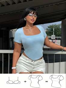 Flirla Plus Size Slim Fit Solid Color Short Sleeve T-Shirt With Square Neckline, Summer