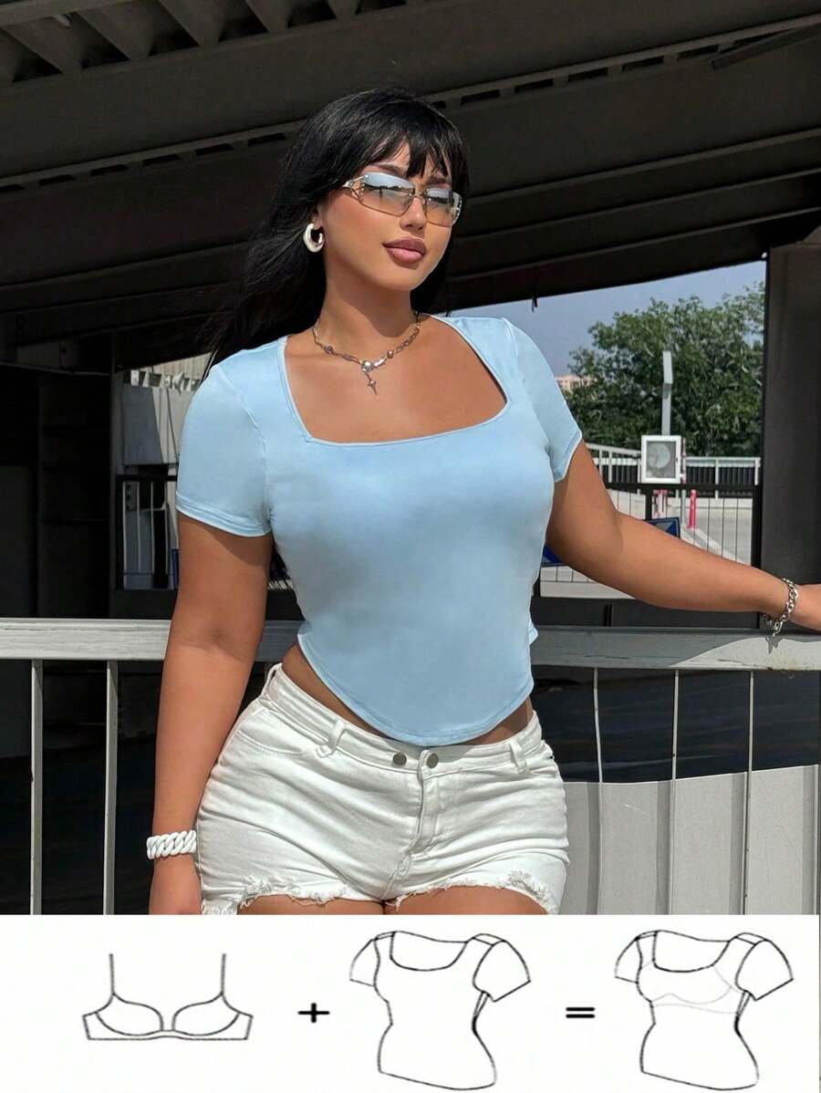 Flirla Plus Size Slim Fit Solid Color Short Sleeve T-Shirt With Square Neckline, Summer