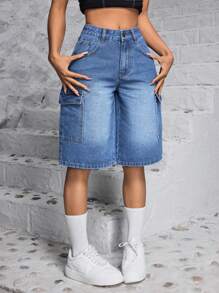 SHEIN PETITE 夏季休閒寬腳牛仔短褲，設有實用細節