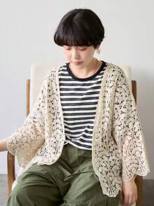 FRIFUL Women's Solid Color Simple Everyday Openwork Cardigan,Short Sleeve Tops Sheer - Apricot - View 6