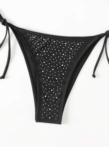 Swim EVENT Rhinestone Decor Halter Triangle Cup Bikini Swimwear Set,Summer Beach - Black - View 6