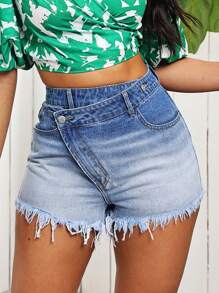 Breezaya شورت جينز نسائي بخصر عالي وتصميم أومبري مع تصميم جذاب من الخيوط المنسدلة