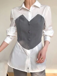 Mulvari Camisa 2 en 1 a la moda para mujer con bloqueo de color casual