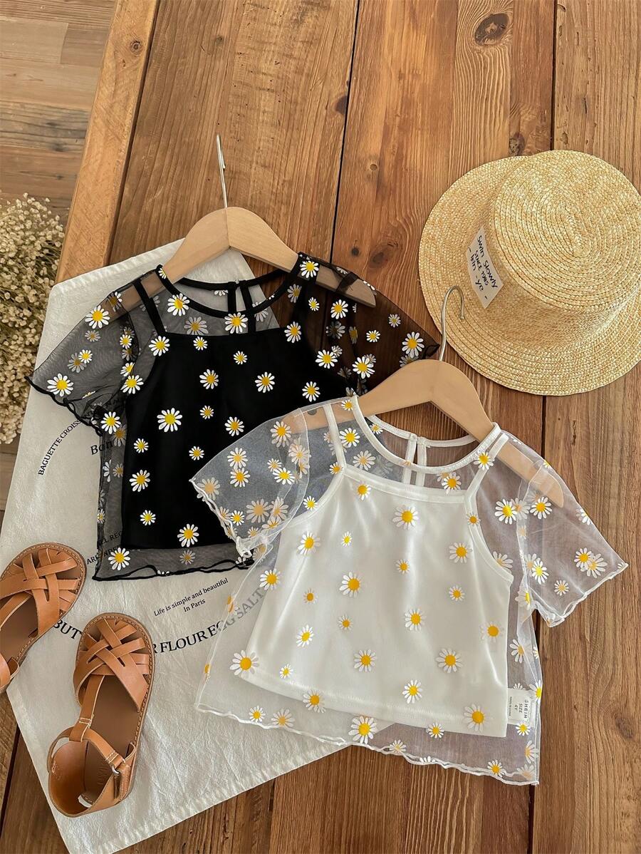 SHEIN LMoss Kids LMoss Young Girl 圆领花朵图案网眼 T 恤搭配内搭背心