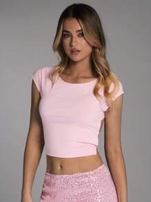 Forever 21 Women's Summer Solid Color Back Hollow Out Round Neck Short Cap Sleeve Slim Fit T-Shirt