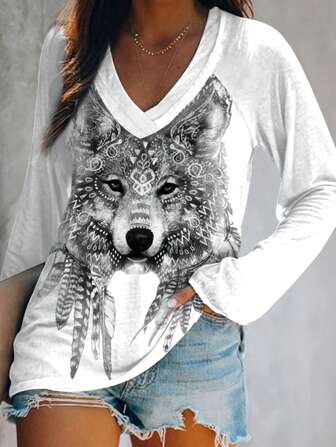 3d Digital Wolf Printed Long Sleeve V-neck T-shirt