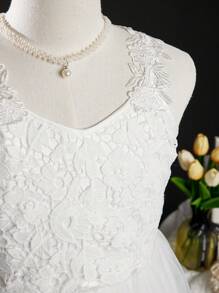 SHEIN Tween Cô Gái Mùa Cưới Ren Nối Lưới Nơ Áo Trắng Chính Thức Dạ Hội Cho Đám Cưới, Tiệc Sinh Nhật - trắng - Xem 5