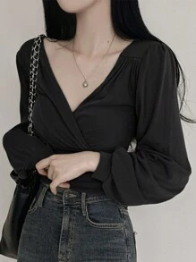 DAZY 女式春夏纯色重叠 V 领长袖短款上衣，秋季学院风上衣