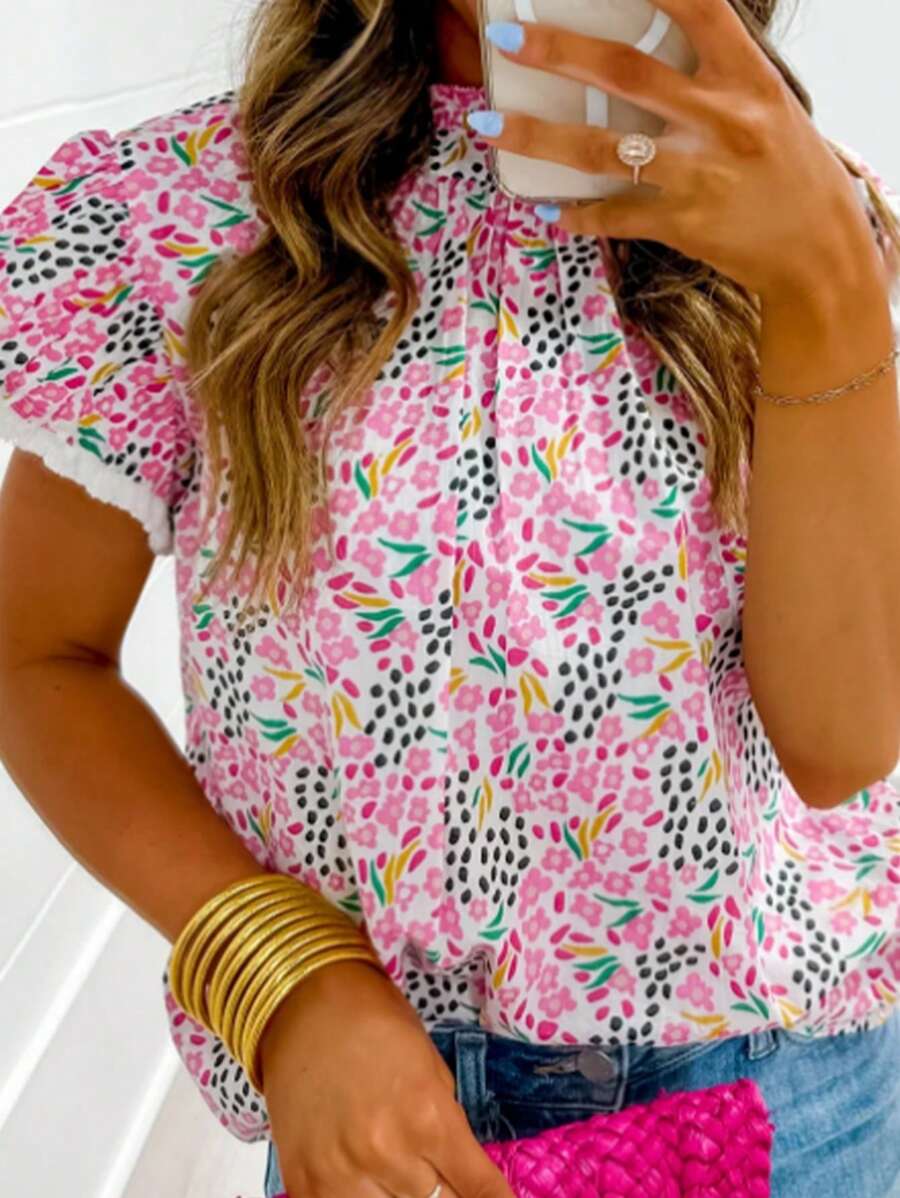 女士夏季粉色多色抽象印花高领荷叶袖休闲衬衫 - 彩色 - 查看 1