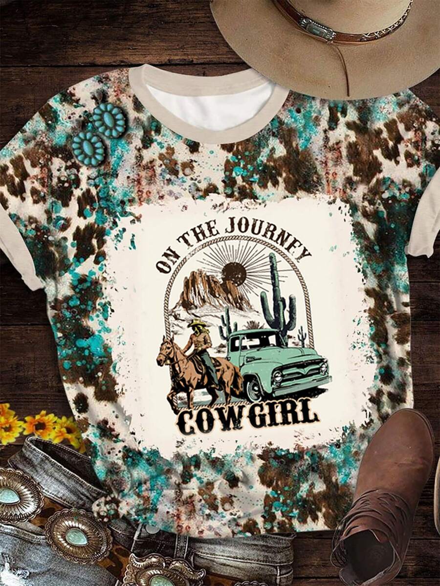 SHEIN LUNE Women's Western Cowgirl T-Shirt, Suitable For Summer - Multicolor - View 1