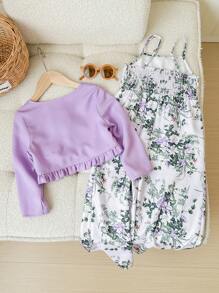 SHEIN Conjunto de cárdigan corto casual y mono tejido de tirantes con estampado floral sólido para niña joven - Lila Púrpura - Ver 2