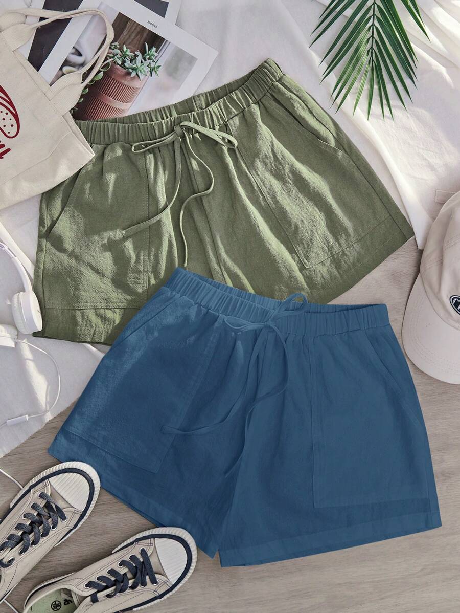 SHEIN EZwear 2 条装纯色松紧腰系带斜口袋短裤