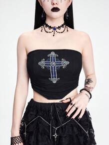 ROMWE Goth 成熟、豪華、宮廷風格、無肩帶性感交叉點綴女士上衣，適合度假 - 黑色 - 查看 2