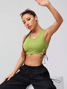 Gameset SHEIN Sport 夏季休閒純色修身綁帶短款上衣 - 綠色 - 查看 1