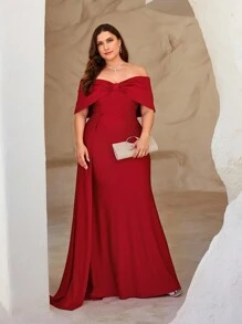 SHEIN Belle 大尺碼紅色優雅簡約蝴蝶結露肩側摺美人魚晚禮服，適用於舞會、晚宴、正式活動等 - 紅色 - 查看 5