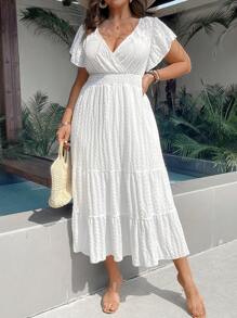 SHEIN Clasi Plus Size Women's Solid Color Waist Gathered V-Neck Ruffled Dress, White, For Summer Vacation Maxi Women Outfit