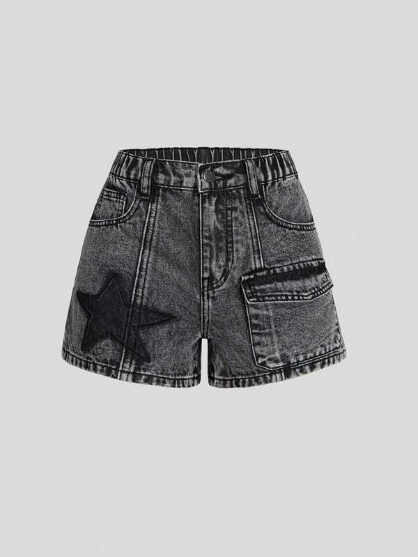 SHEIN Tween Girl Fashionable Embroidered Denim Shorts With Star Pattern