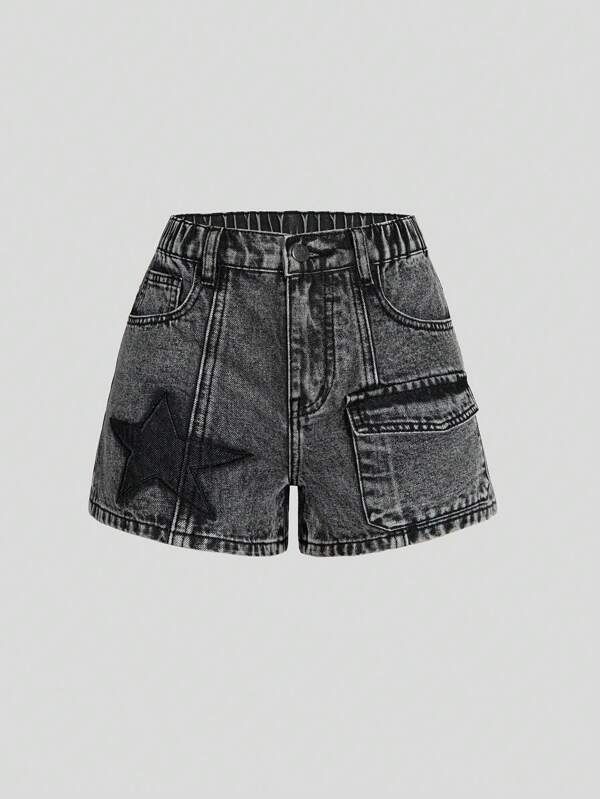 Girls' Fashionable Embroidered Denim Shorts With Star Pattern