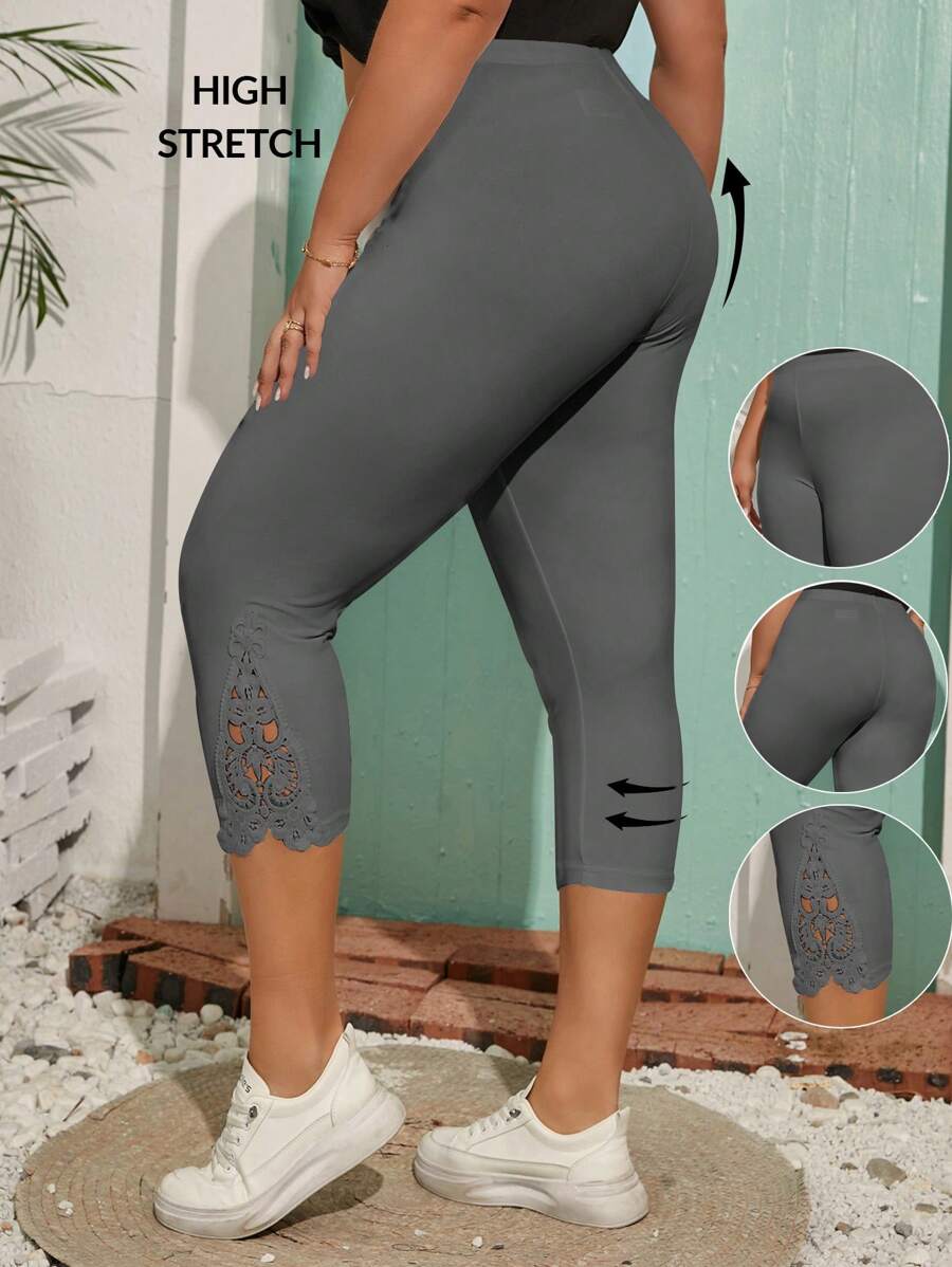 SHEIN Frenchy Plus Size Women's Casual Lace Patchwork White Leggings Summer Bottoms - Grey - View 1